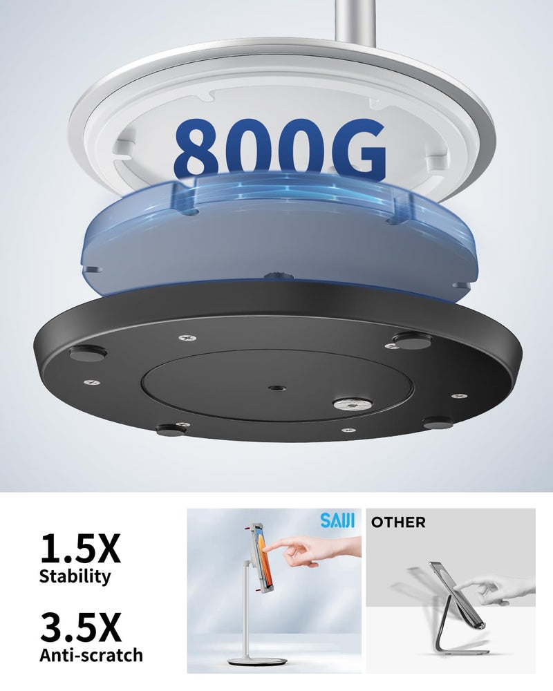 SAIJI Tablet Stand Holder, Extra-Height Adjustable Kindle Stand, 360 Degree Rotating iPad Holder, Aluminum Alloy Cradle Mount Dock for 4.7"-15.6" iPhone, Samsung, Tablets, Portable Monitor (Silver) - Image 2